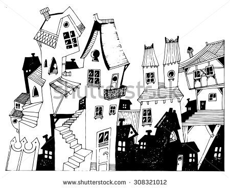 I wanted the town to have some whimsy and abstraction.  Also a layering of old and new piled together