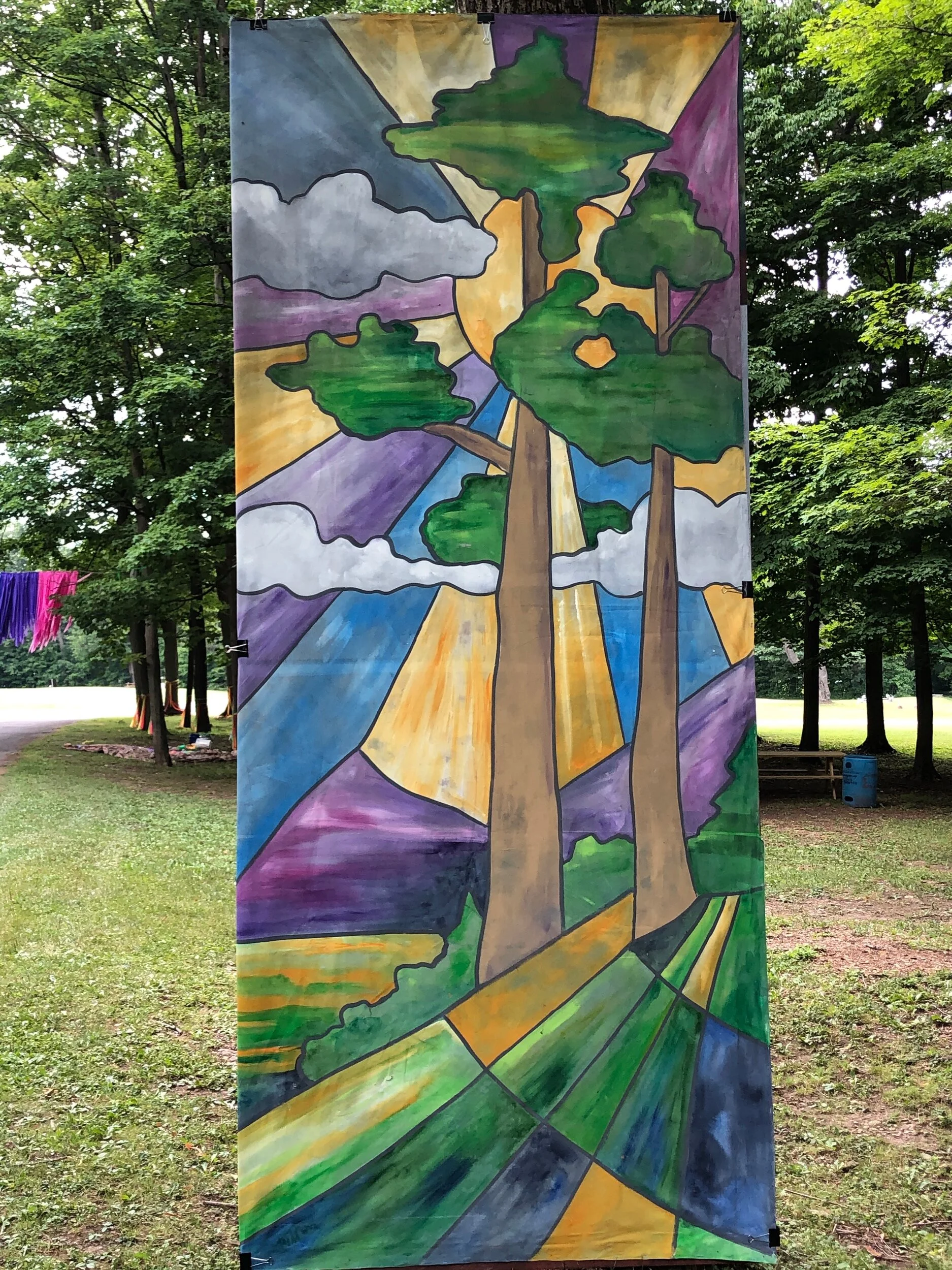 Stained glass woods- 4'x12'
Painted drop repurposed from a Snow White children's show