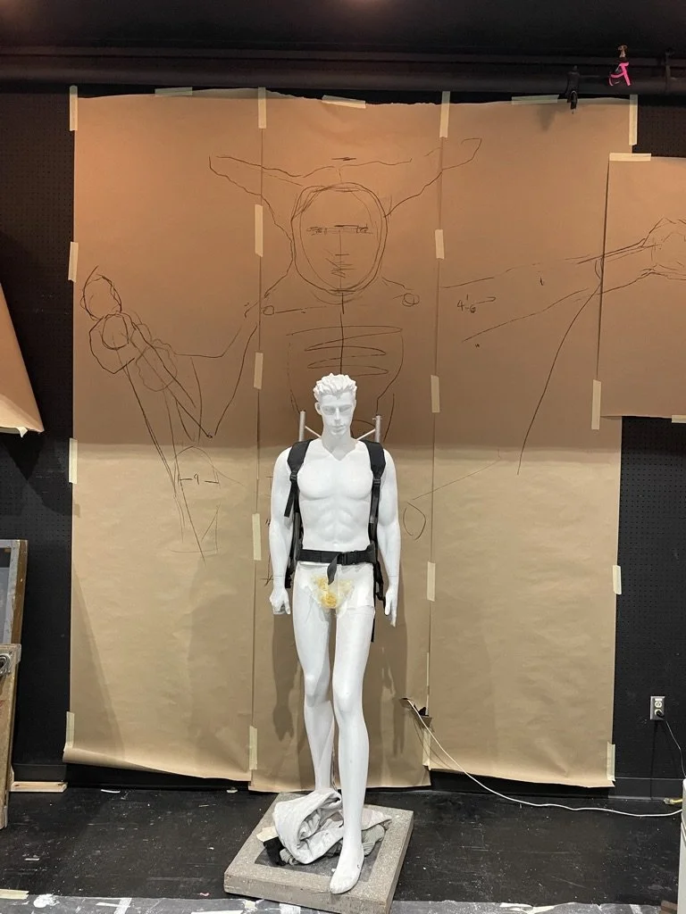 Layout sketch on the wall using a mannequin