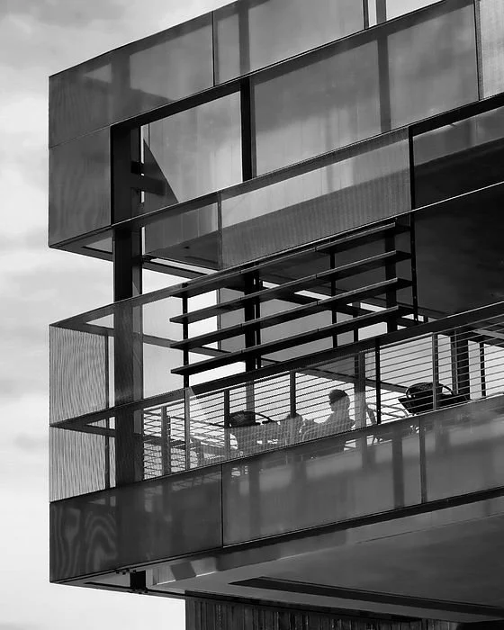 Research- layering of geometric spaces and color palette.  The set was painted in 8 shades of grey + black, white & silver.