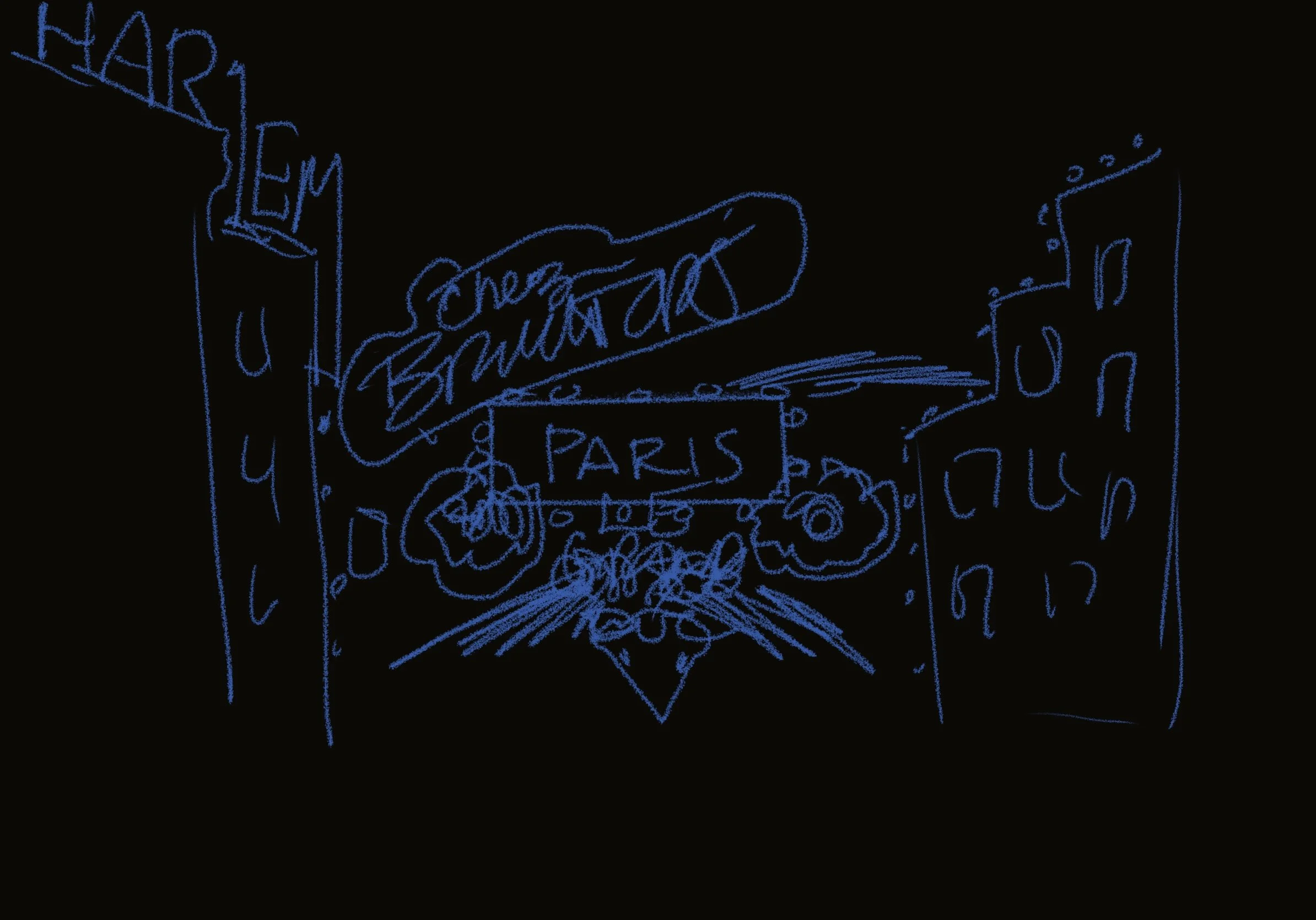 Digital concept art sketch of all the signs.  Le Grand Duc or the Great Owl in the middle was made from florals and lights.