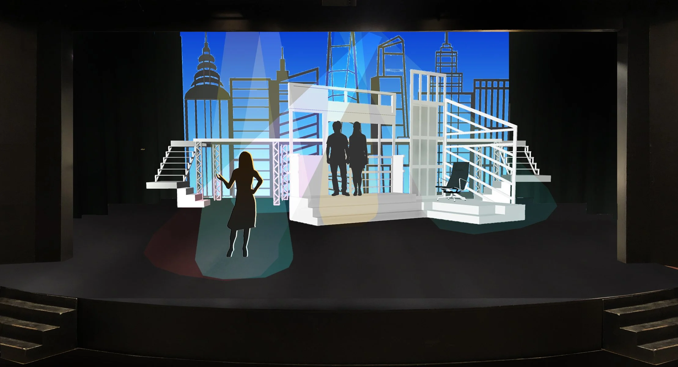 Scenic concept sketch- showing variation in scenes composed of the various mobile units.