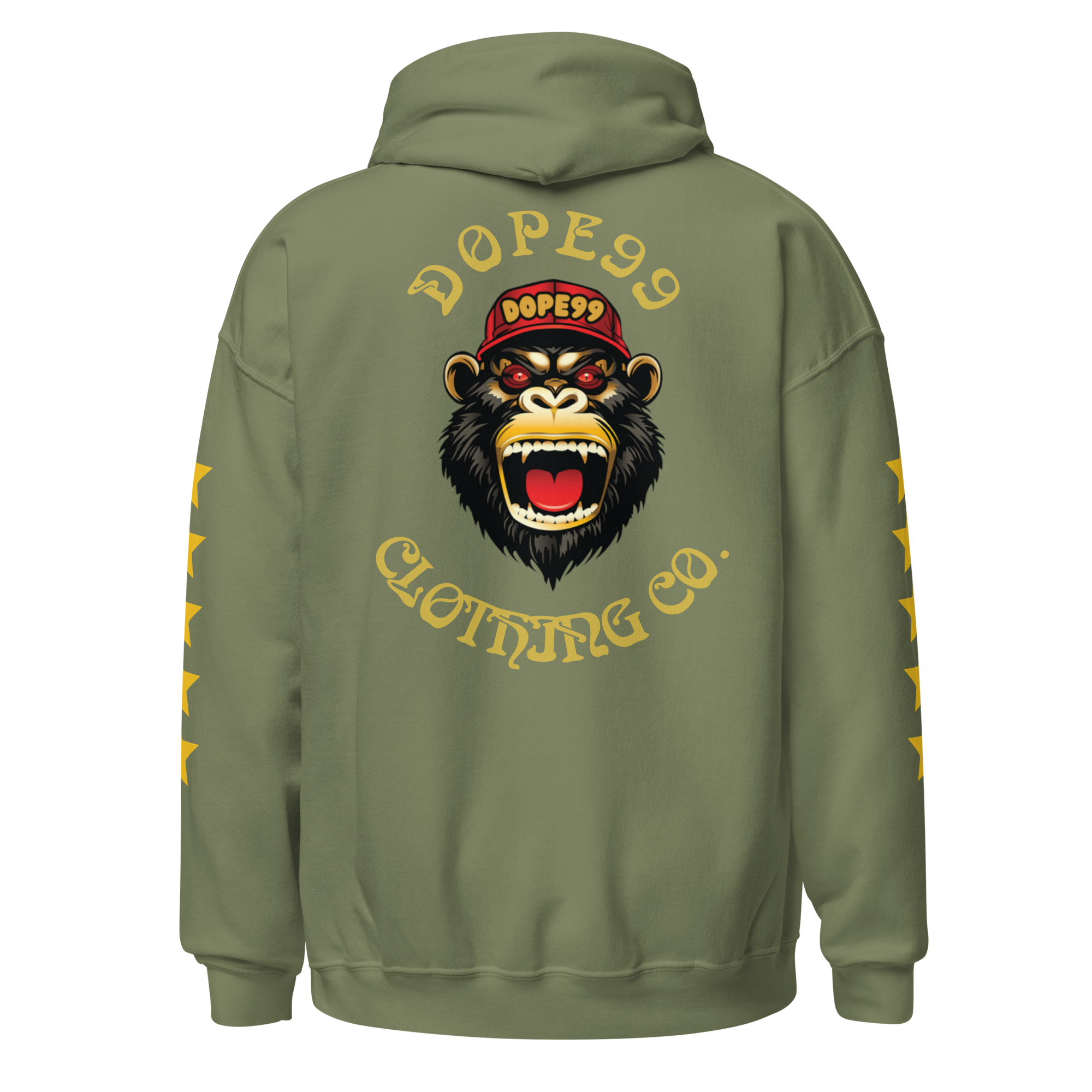 Back view of a military green Dope99 hoodie featuring a large roaring monkey graphic wearing a red Dope99 cap, with “Dope99 Clothing Co.” arched in gold lettering and yellow star accents running down both sleeves.