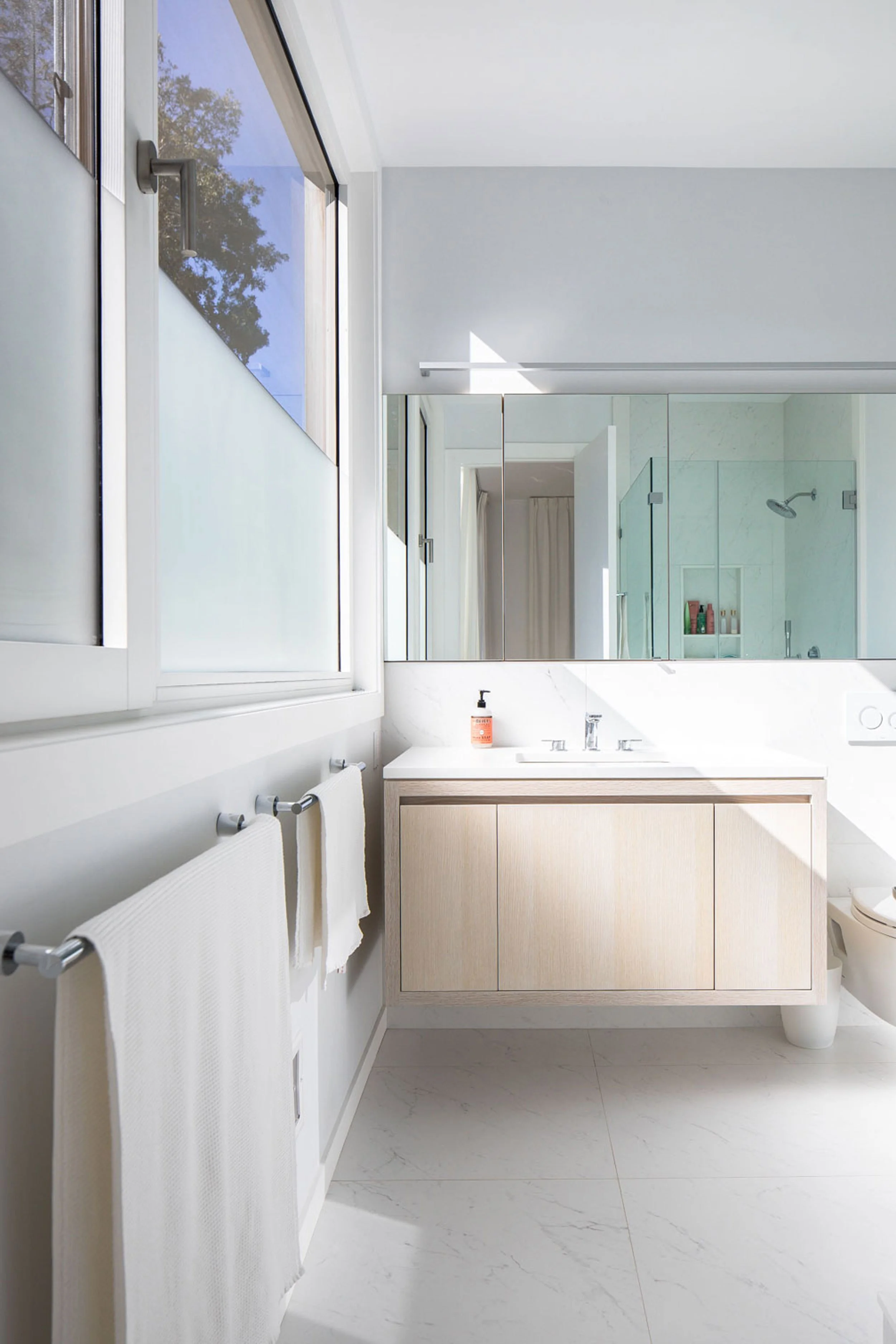 Modern bath bathed in light, North Fork Long Island