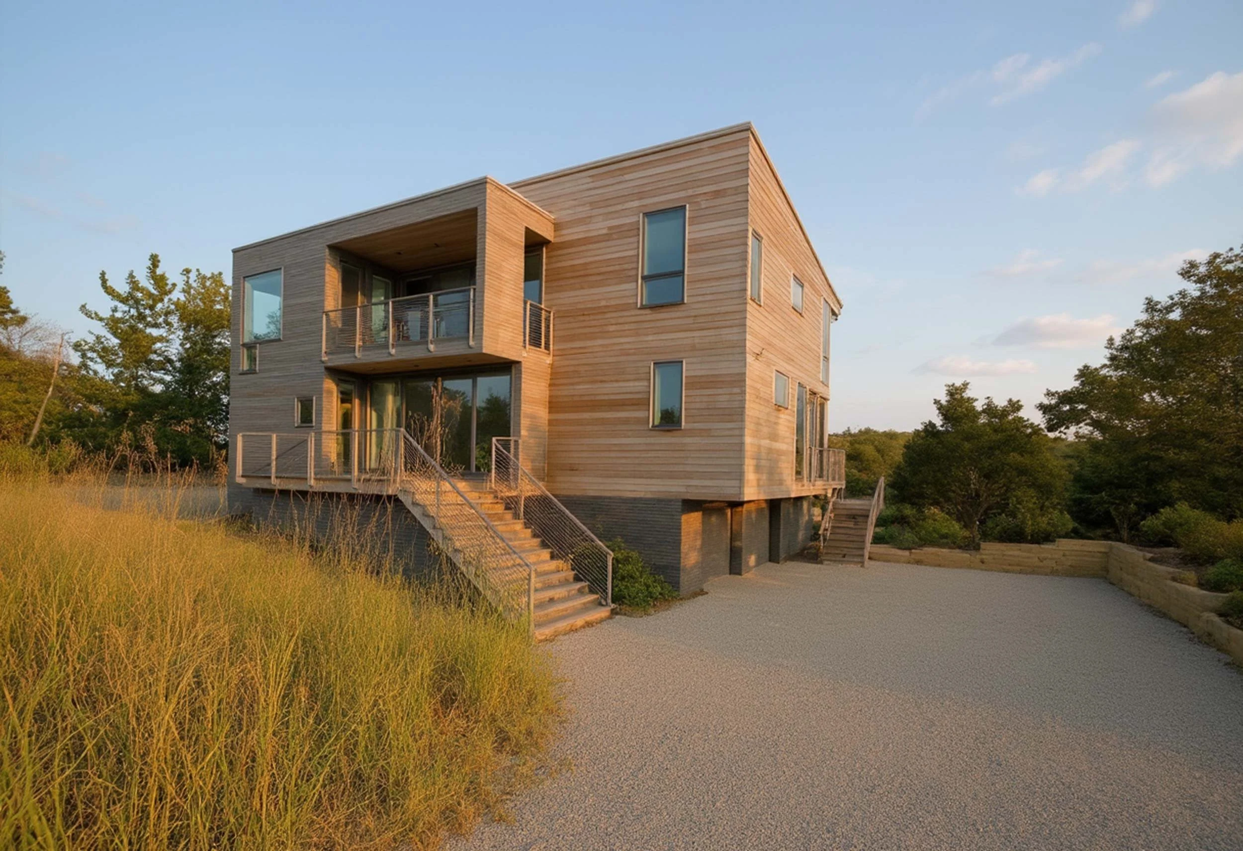 Great Pond Residence exterior view of modern waterfront home on Long Island