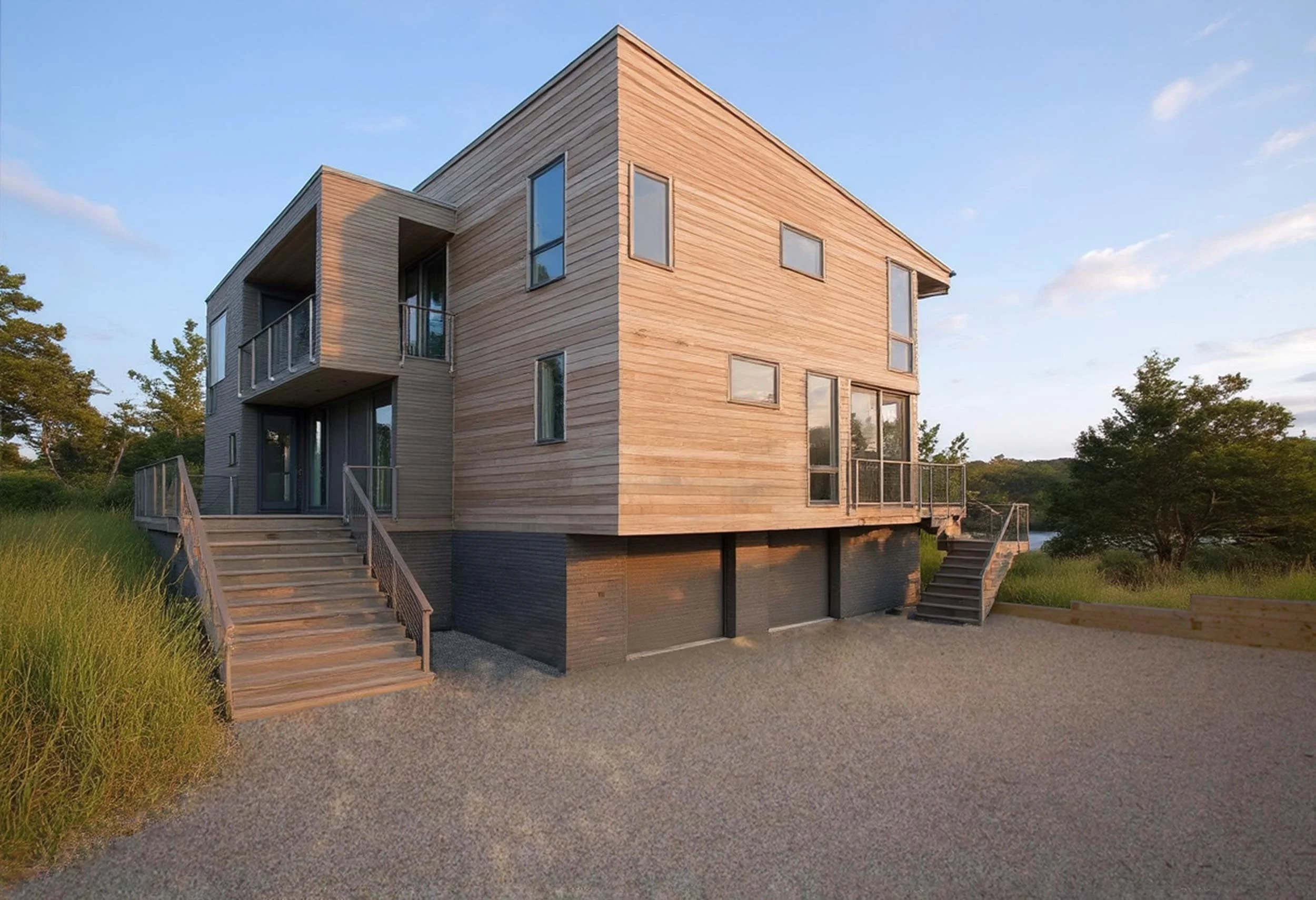 Entry deck and stairs at Great Pond Residence
