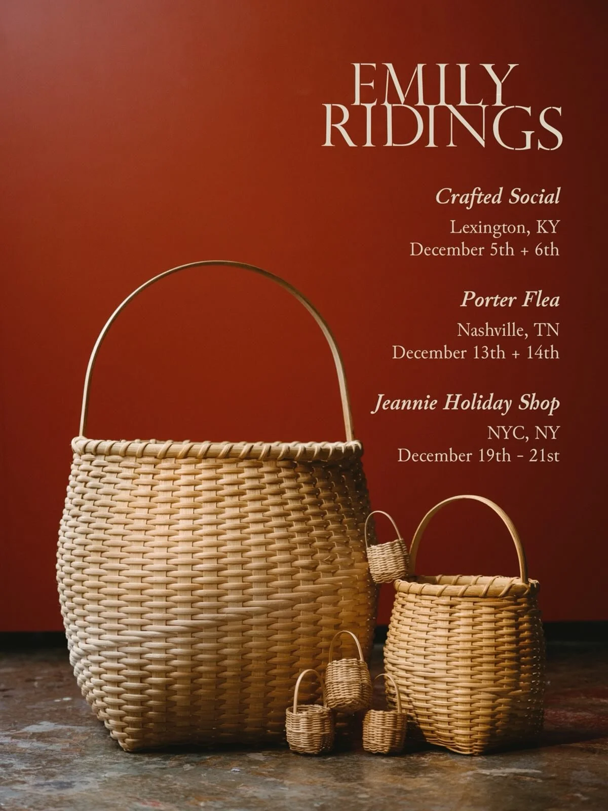 Lexington, Nashville, NYC! Holiday markets begin this Friday with @crafted_social, keep on with @porterflea, and round out with @jeanniekimjewelry&rsquo;s Holiday Shop. I&rsquo;m excited to see faces and share good goods 🧺✨