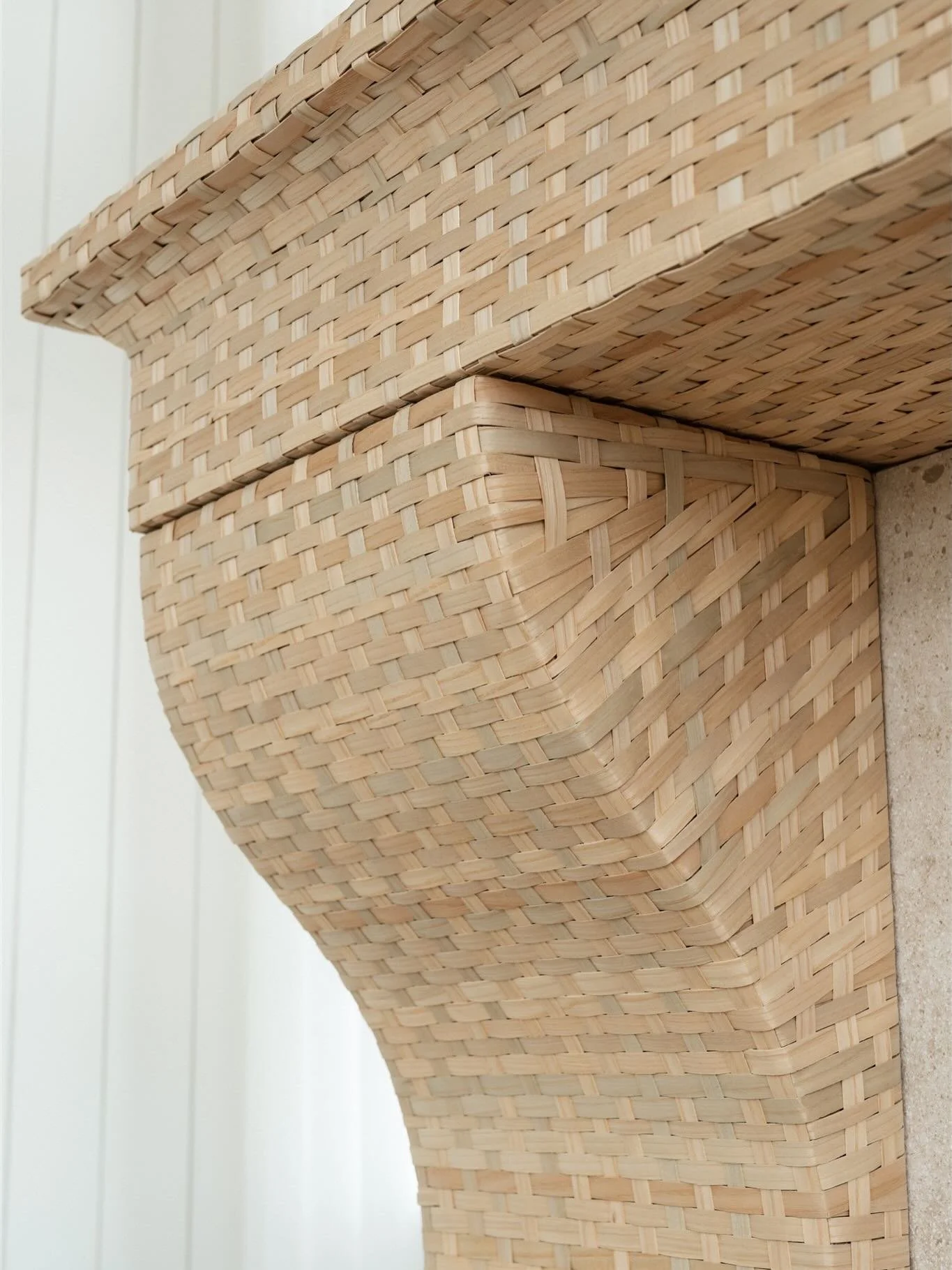 The mantel was a generally unprecedented process, but especially for the curve of the legs. I wove the front first, and worked on every other part to stall before tackling the sides. There were a couple rounds of unweaving before understanding that e