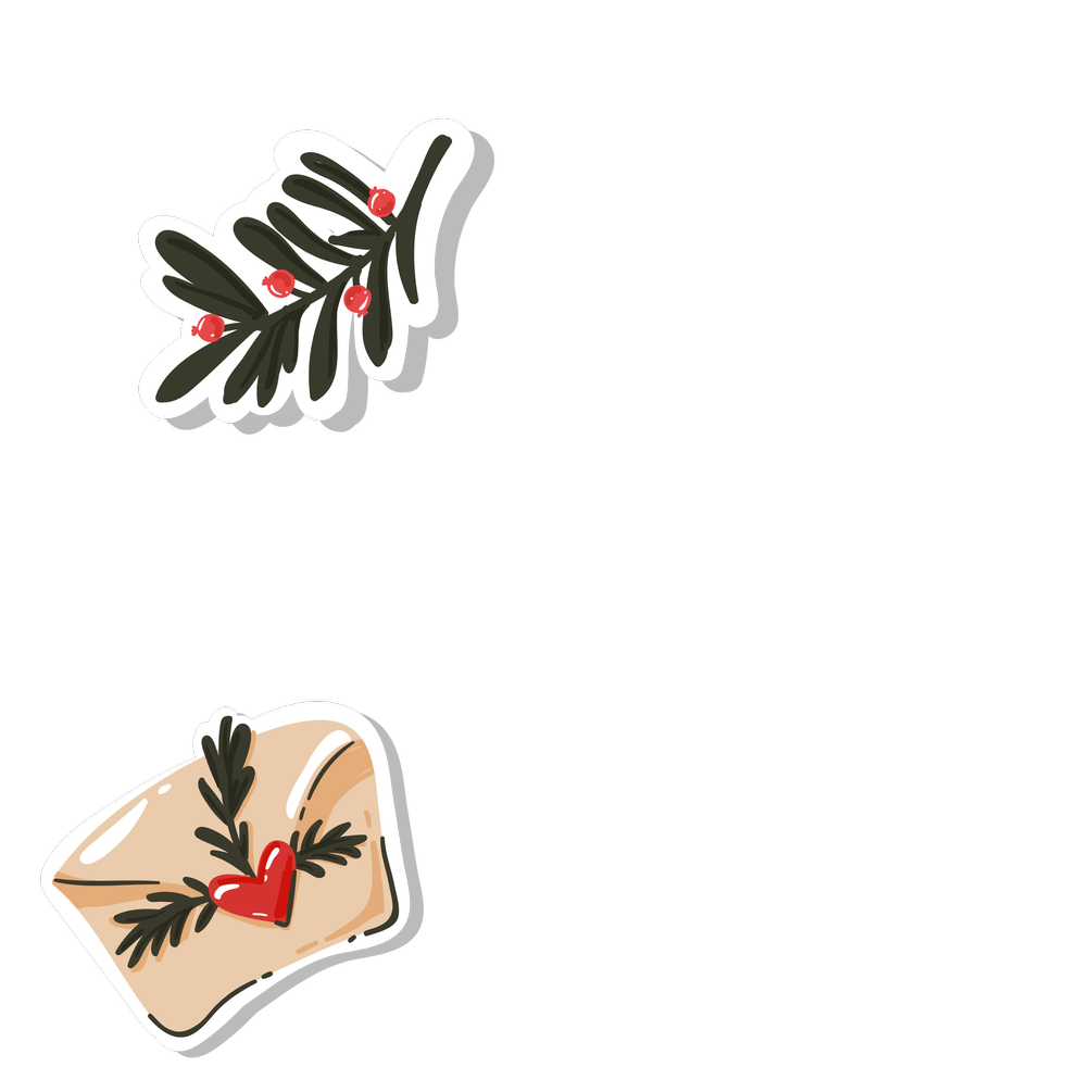 Decorative holiday stickers featuring a sprig of pine with red berries and a red heart on a wrapped gift box.