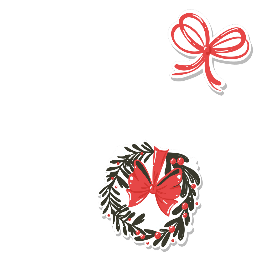 Two Christmas-themed stickers: one features a pink bow, and the other features a red bow on a Christmas wreath with green foliage, red berries, and a red ribbon.