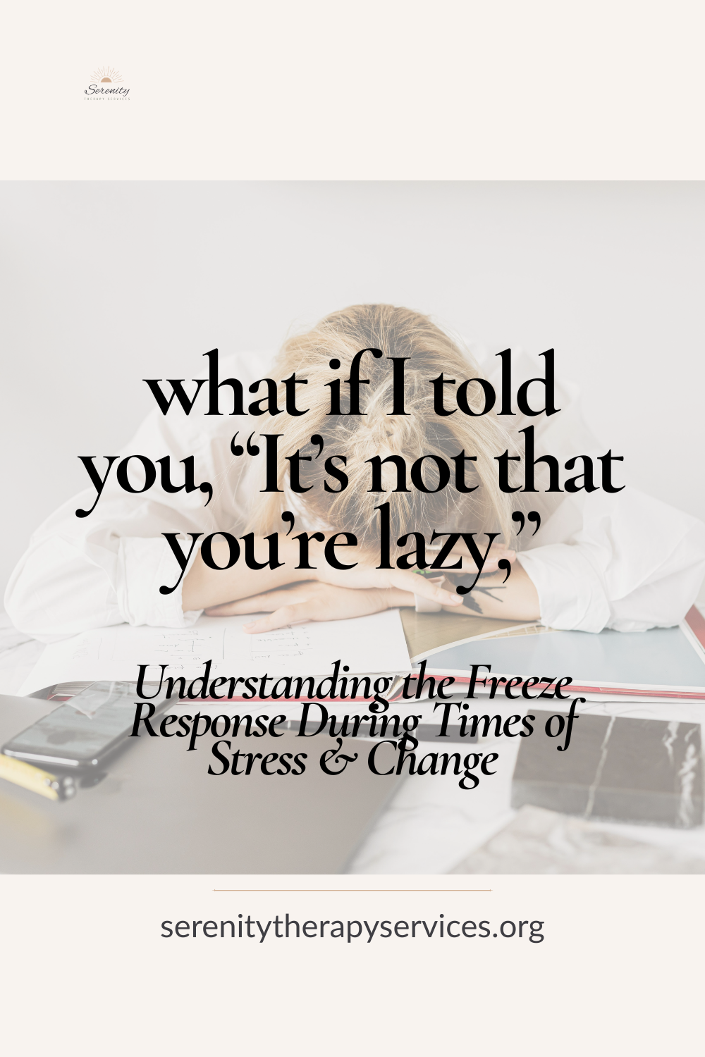 Woman sitting at a kitchen table looking overwhelmed with planner, coffee, laptop, and laundry in the background.