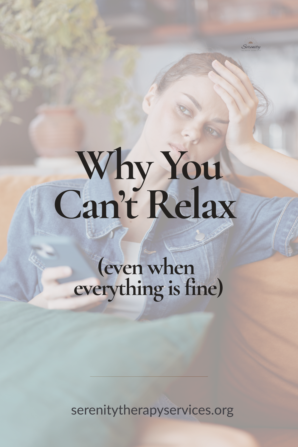Woman sitting on couch looking overwhelmed and unable to relax, representing anxiety and constant mental noise even during rest | online counseling bolivar mo