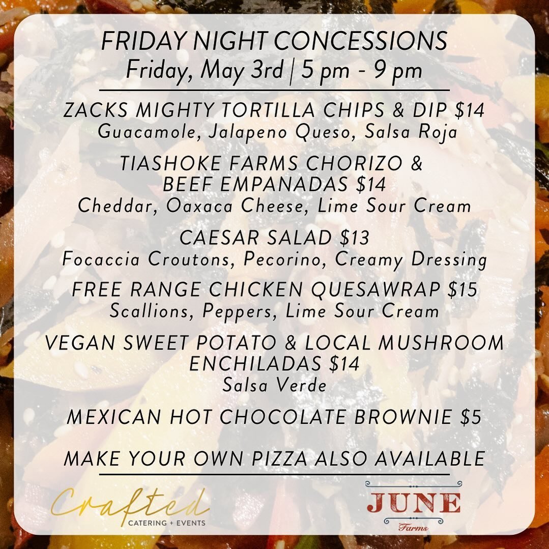 We&rsquo;re back! Friday nights @junefarms, join @craftedcateringandevents for an evening of farm fresh flavors, handcrafted, cocktails, and good vibes!
See you there! 

#JuneFarms #CraftedCatering #FarmToTable #fridaynightout