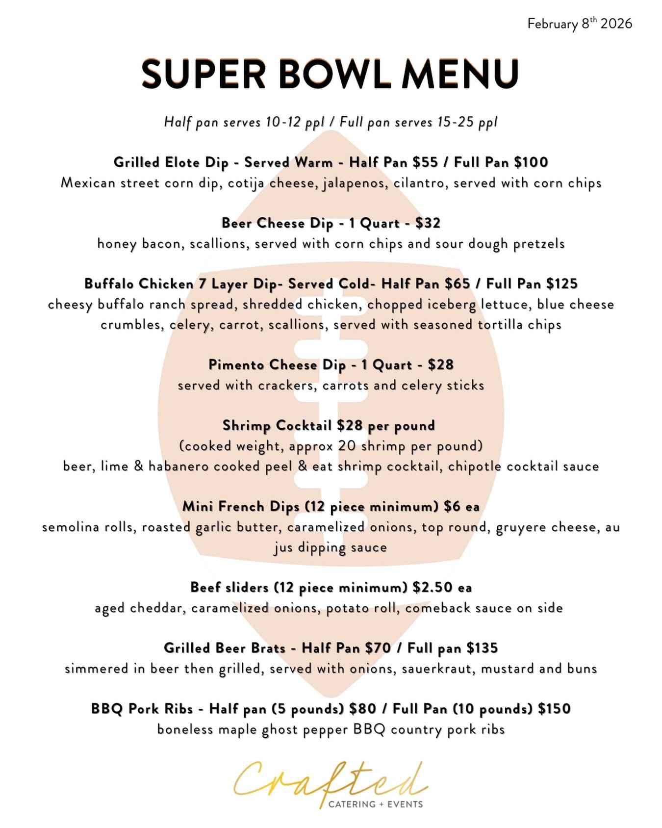 🏈 Super Bowl Sunday ordering is now open!🏈

Order online at www.craftedcateringandevents.com
or call (518) 981-3941 to place your order and schedule delivery. (Link to order also in bio!)

🗓 Ordering Open Now through February 6th at 12:00 PM

🚚 D