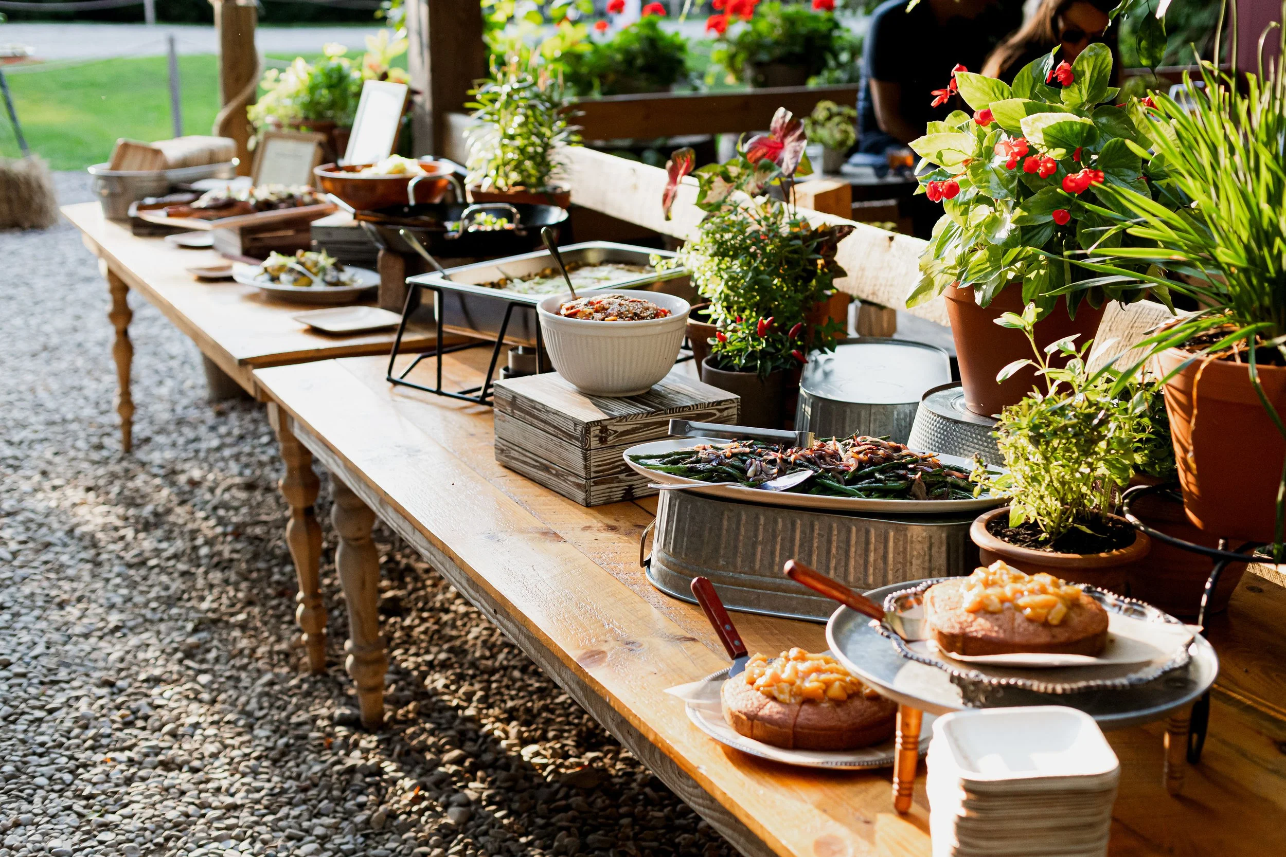Buffet-style outdoor food table with dishes, plants, and people in the background.
