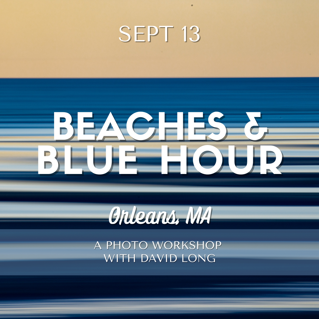 Poster for a photography workshop titled 'Beaches & Blue Hour' in Orleans, MA, scheduled for September 13. The background features a blurred image of a beach with horizontal streaks of blue and white colors, with a beige sky at the top.