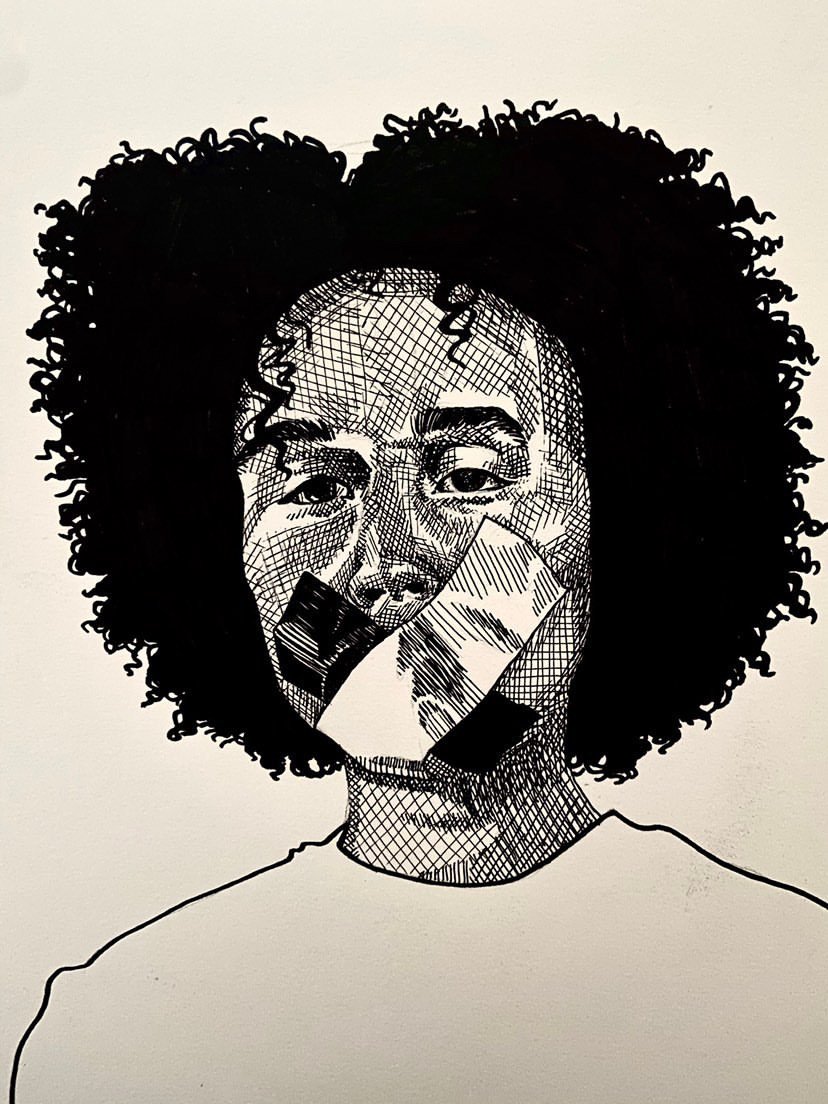 Black and white illustration of a person's face with curly hair, with parts of the face covered by cut-out magazine or newspaper clippings.