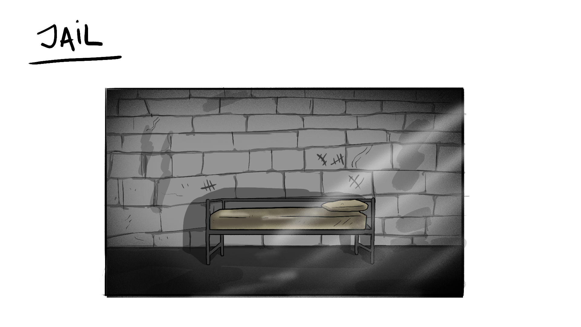 A solitary metal bed with a thin mattress and pillow sits against a weathered brick wall in a dim, grim jail cell, with smoke or mist swirling around.
