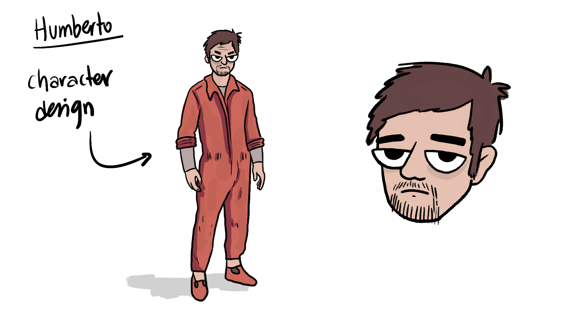 A cartoon drawing of a man named Humberto, with one full-body view and a separate close-up of his face. He has messy brown hair, a beard, and a tired expression. He is wearing an orange jumpsuit with rolled-up sleeves and pants, and orange slippers. Handwritten text states 'Humberto' and 'character design,' with an arrow pointing to the full-body image.