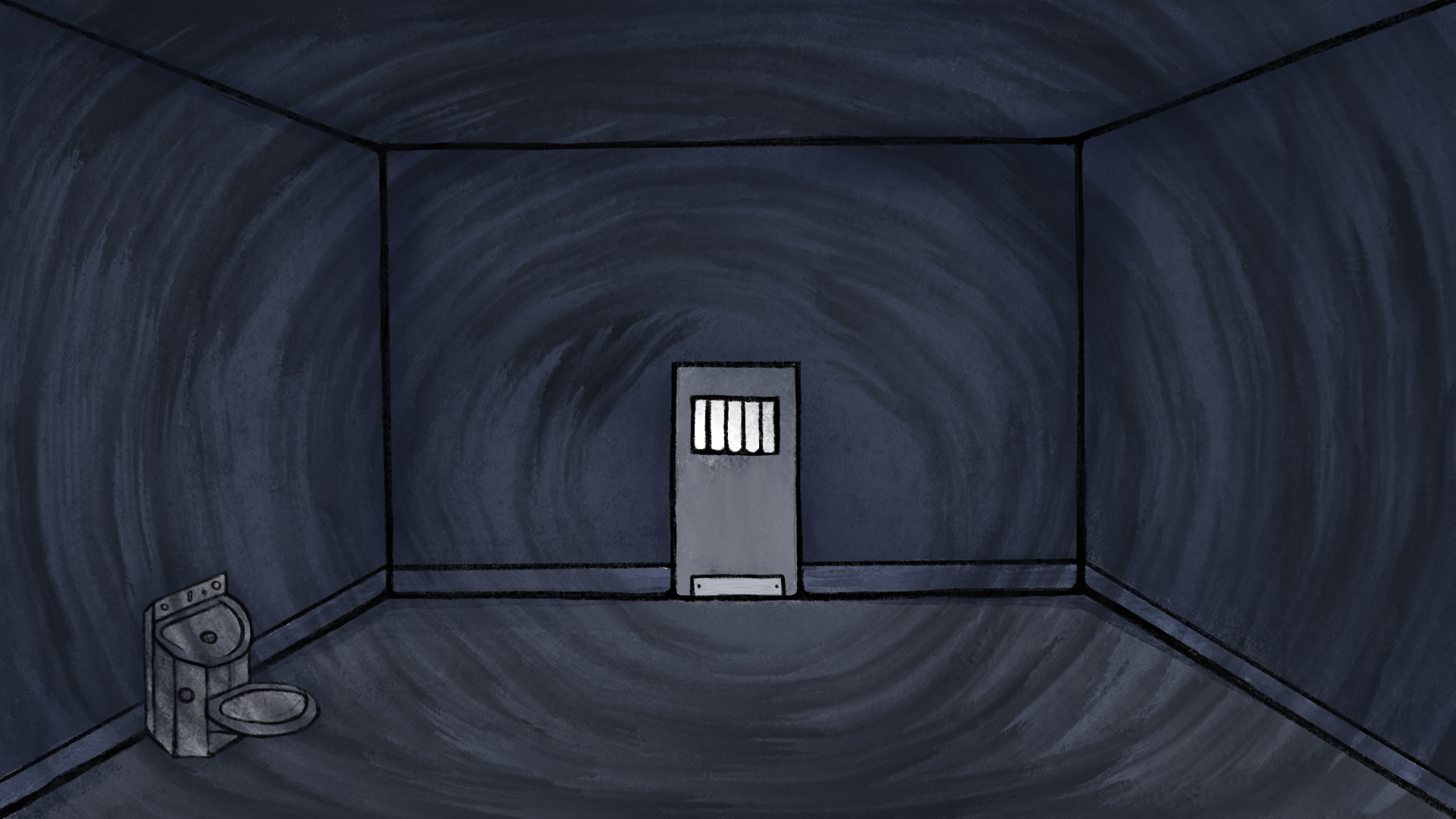 Minimalist illustration of a small, enclosed prison cell with dark blue walls and a barred window in the door. A lone gray toilet is in the corner.
