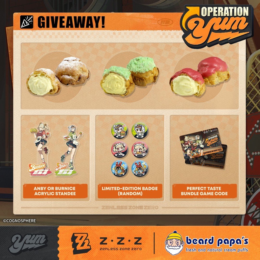 🎁 GIVEAWAY TIME! 🎁 
We&rsquo;re celebrating our Zenless Zone Zero collab with a sweet surprise! Win a limited-edition Beard Papa&rsquo;s x ZZZ Puff Set, complete with:
✨ The new Royal Raspberry Puff and Key Lime Crumble
 ✨ Exclusive ZZZ badge (rand