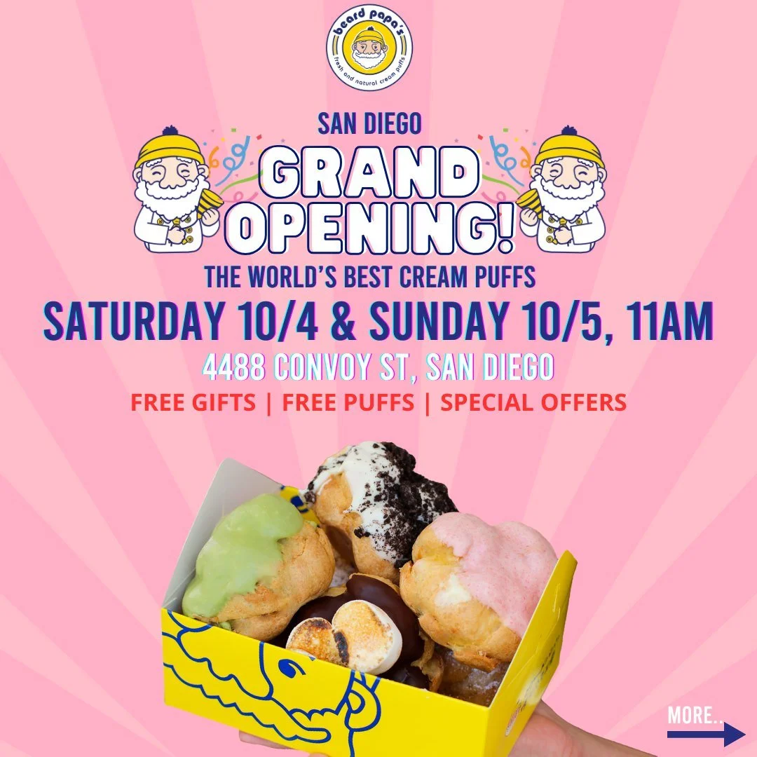 🎉 Grand Opening 🎉  Saturday October 4th &amp; Sunday October 5th!  Get a FREE PUFF* coupon with Sweepstakes entry! See Link in Bio! 
📱 beardpapas.com/san-diego-grand-opening
📍 4488 Convoy, San Diego
💛 FEATURING: The World's Best Cream Puff!
💛 S