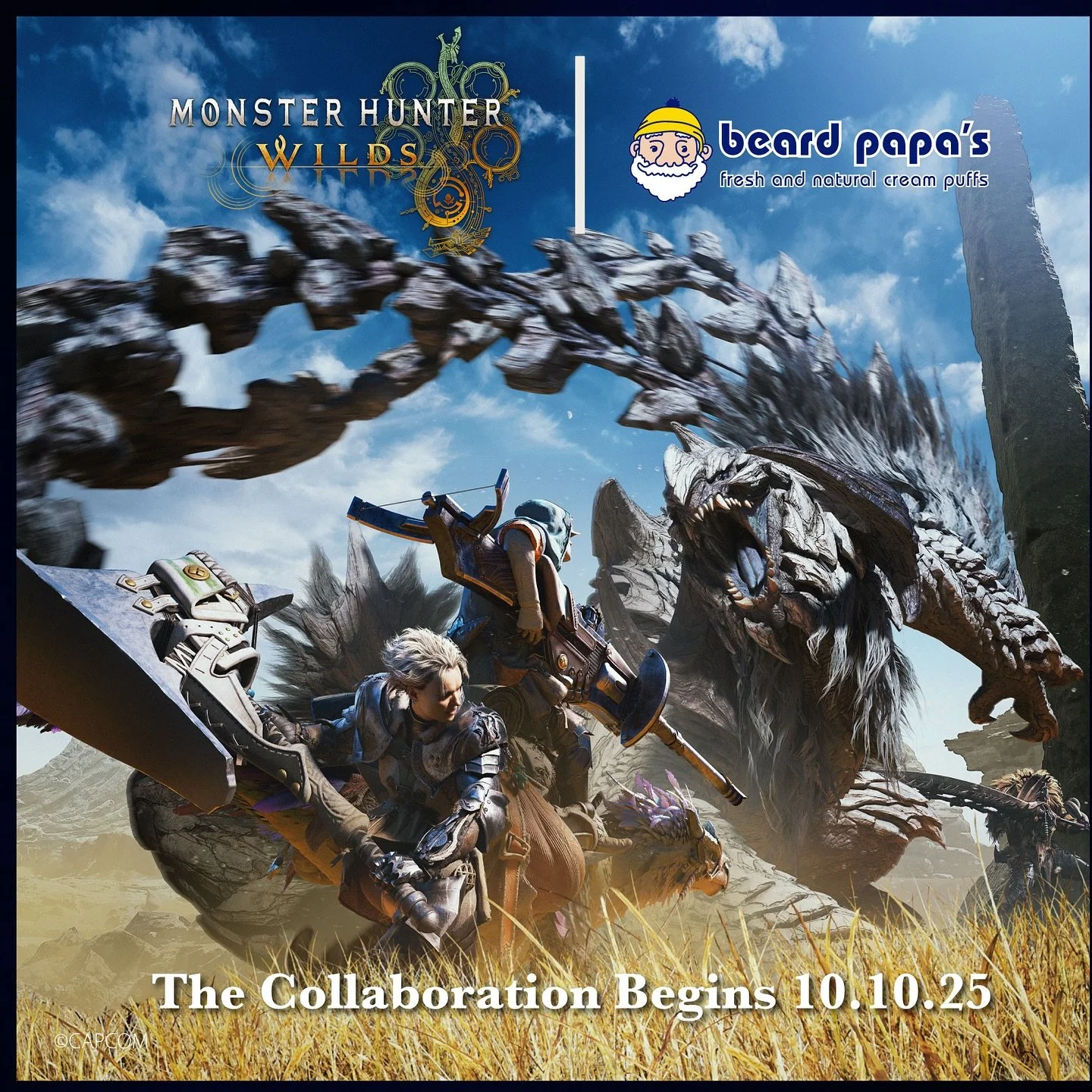 Epic Hunts and Rewards! 🐉 Starts October 10th! Visit any USA Beard Papa&rsquo;s and join forces with Monster Hunter Wilds for an epic flavor quest. 

🔥Sign up today to get notified and ENTER TO WIN great Monster Hunter Wilds swag🤩
beardpapas.com/m