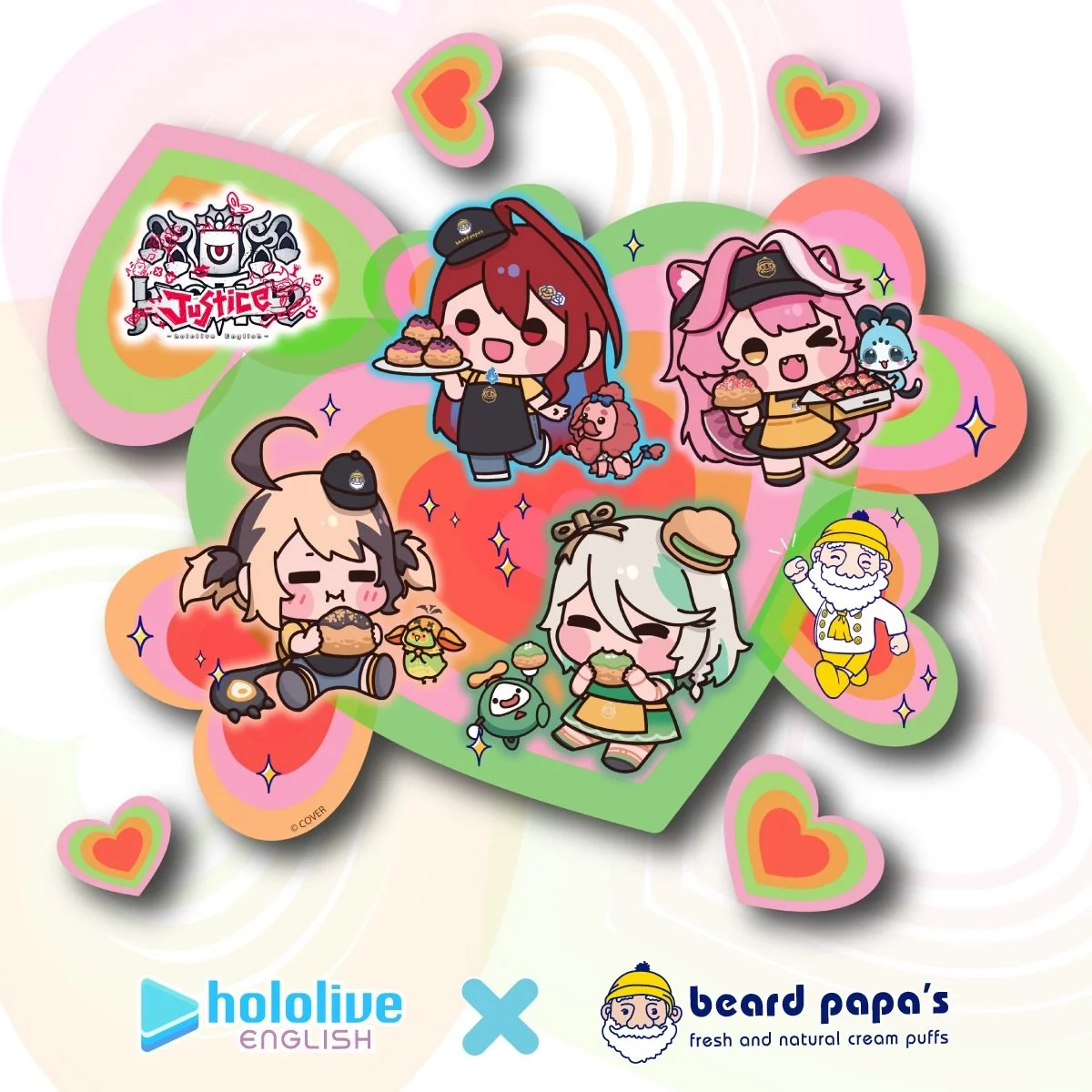 The sweetest collab of the season is ON NOW! ✨ http://beardpapas.com/hololive to learn more!
Beard Papa&rsquo;s &times; hololive English &ndash; Justice- brings FOUR limited-edition cream puffs&mdash;each flavor crafted by the talents themselves!
Eli
