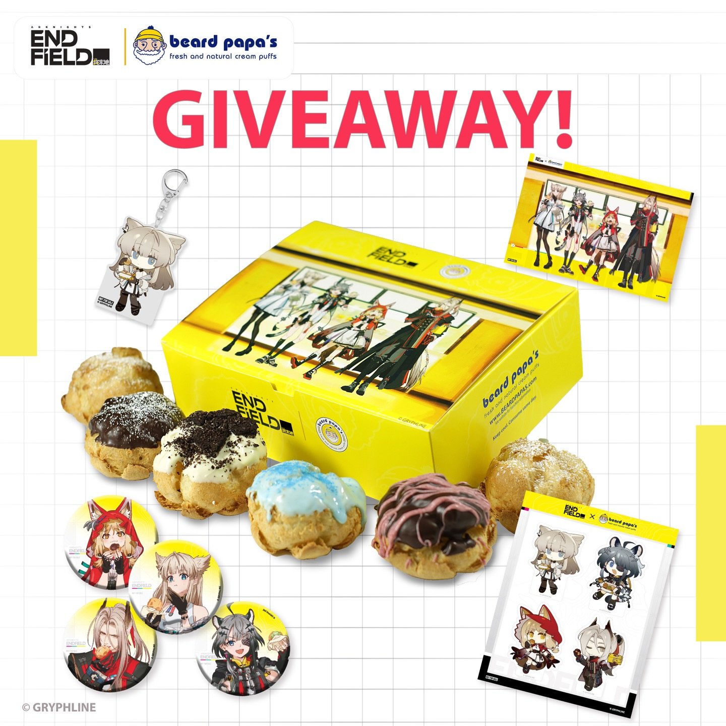 🏭GIVEAWAY!🏭&nbsp; Grab your squad and get rewarded! 20 WINNERS will be selected for puffs, prizes and more!&nbsp; 🍰 FREE Beard Papa&rsquo;s cream puffs ⭐ Exclusive collaboration merch ⭐ In game code cards
⭐ How to enter:
 1️⃣ LIKE this post
 2️⃣ F