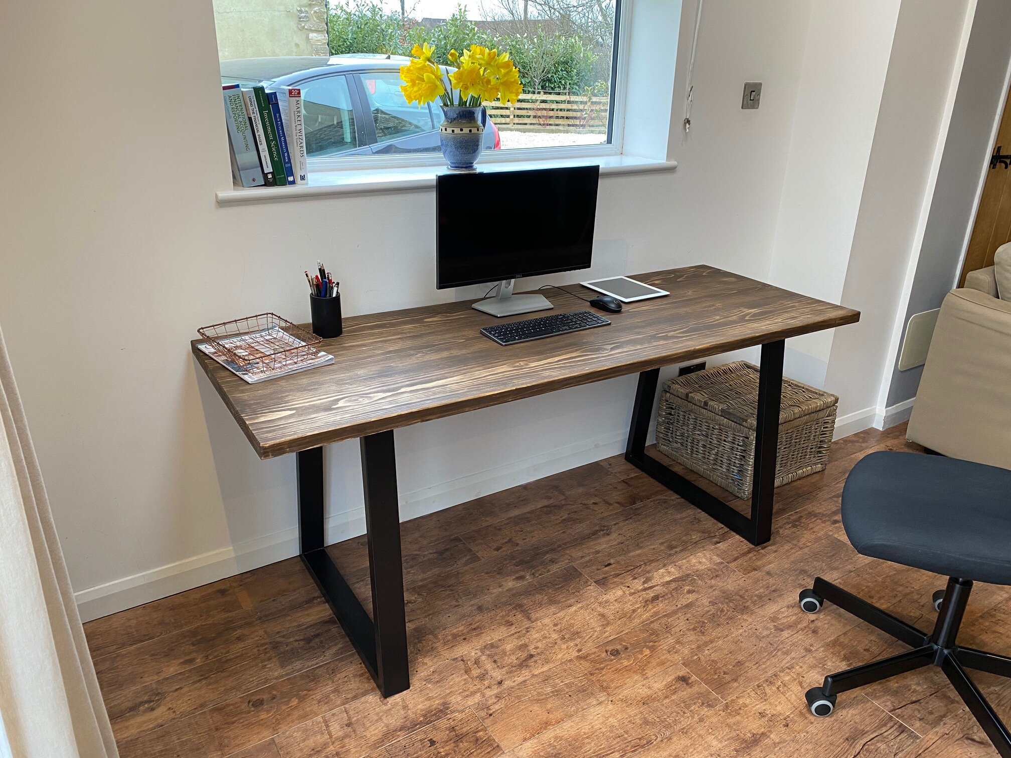 63in Writing Desks Large Study Computer Table Workstation,Teak Wooden Top+Black Metal Leg Walnut Top+Black Leg, 63 in Home Office Desk 