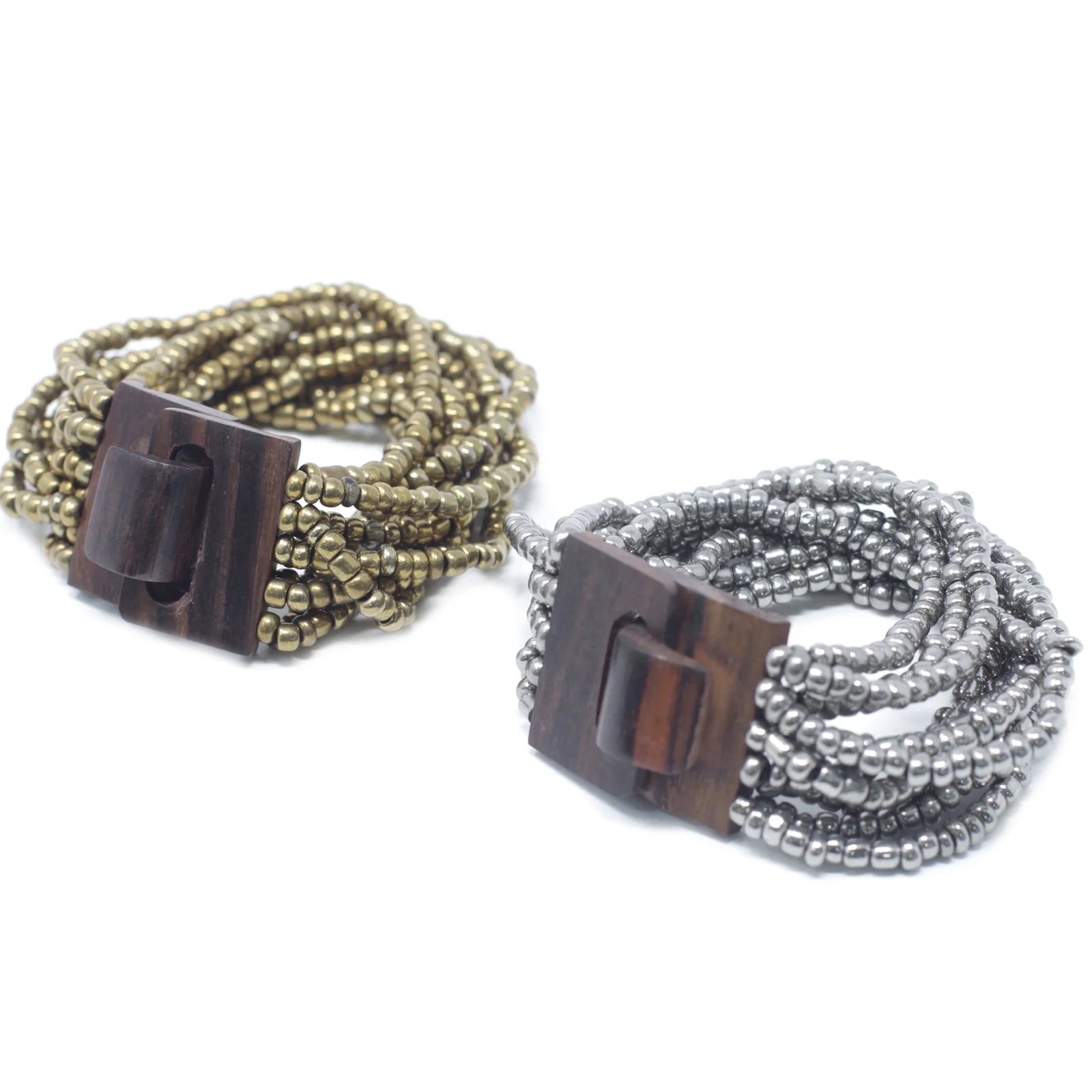 Multi-Bead Bangle - Wooden Clasp (Assorted Gold/Silver)