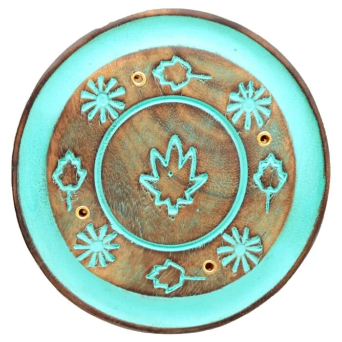Decorative Round Painted Leaf Wooden Incense Burner