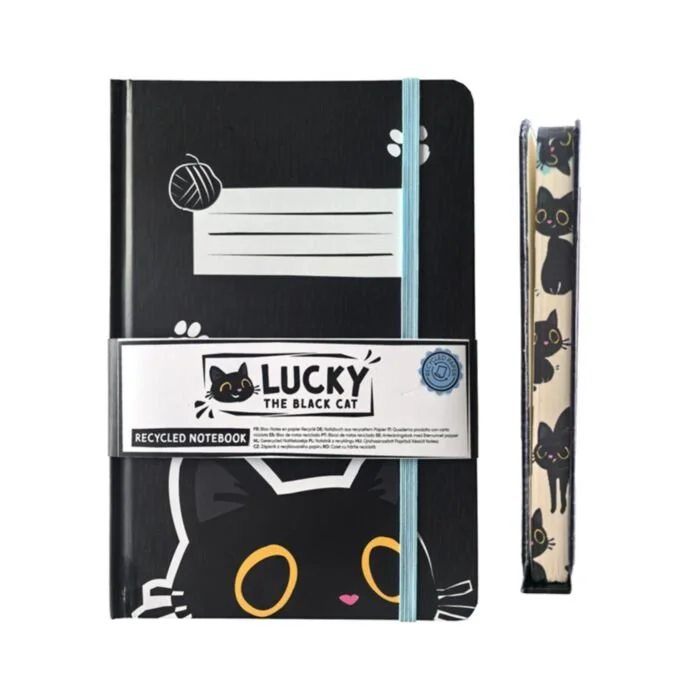 Lucky the Black Cat Recycled Paper A5 Lined Notebook with Elastic