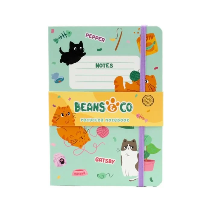 Beans & Co Cats Recycled Paper A5 Lined Notebook with Elastic