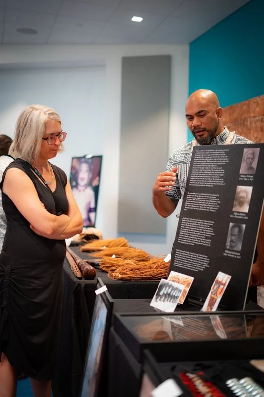 Presenting ceremonial regalia at Kearns Library as part of the Harvard Oceania Collections Engagement Fellowship