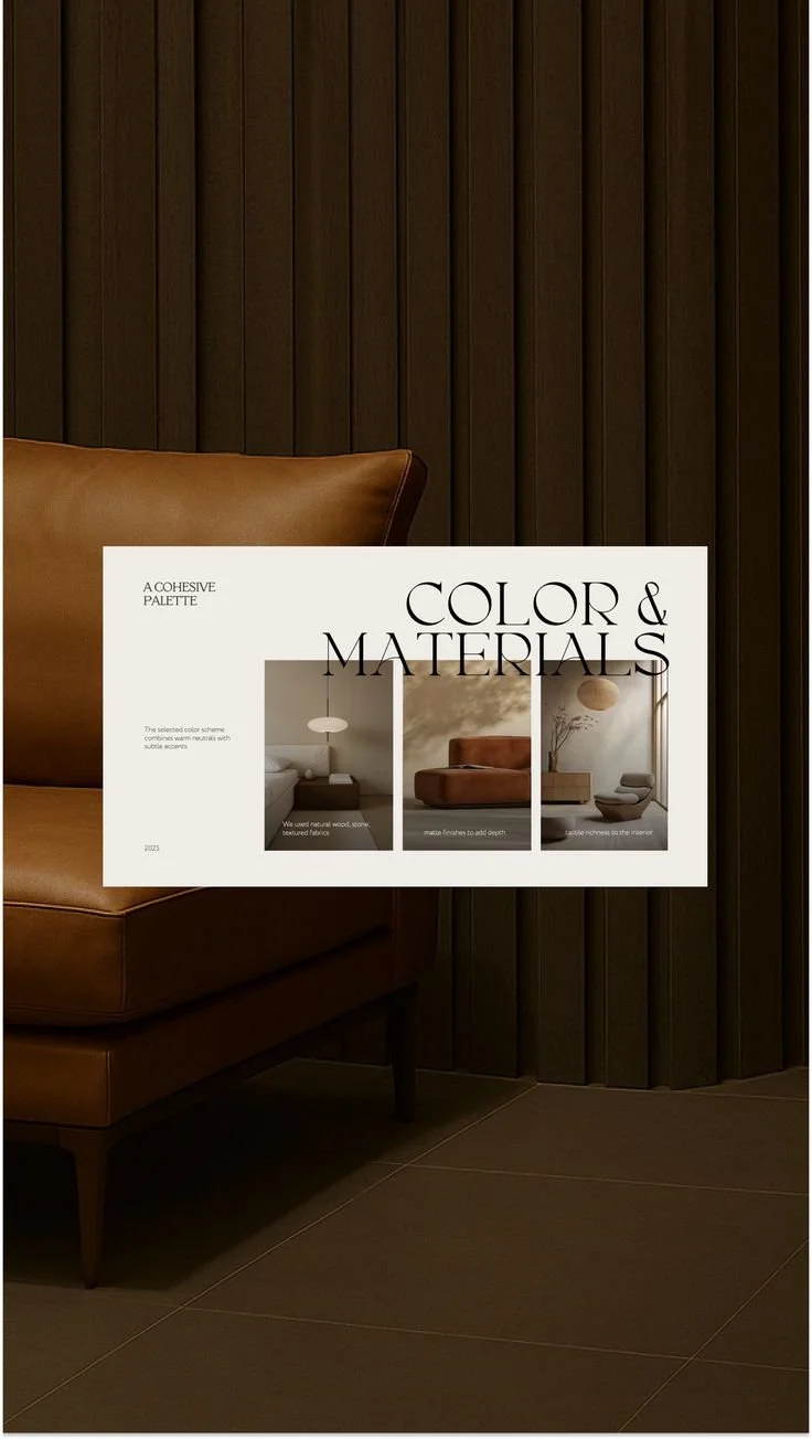 A furniture catalog or interior design printout is hanging on a dark wood-paneled wall next to a tan leather armchair.