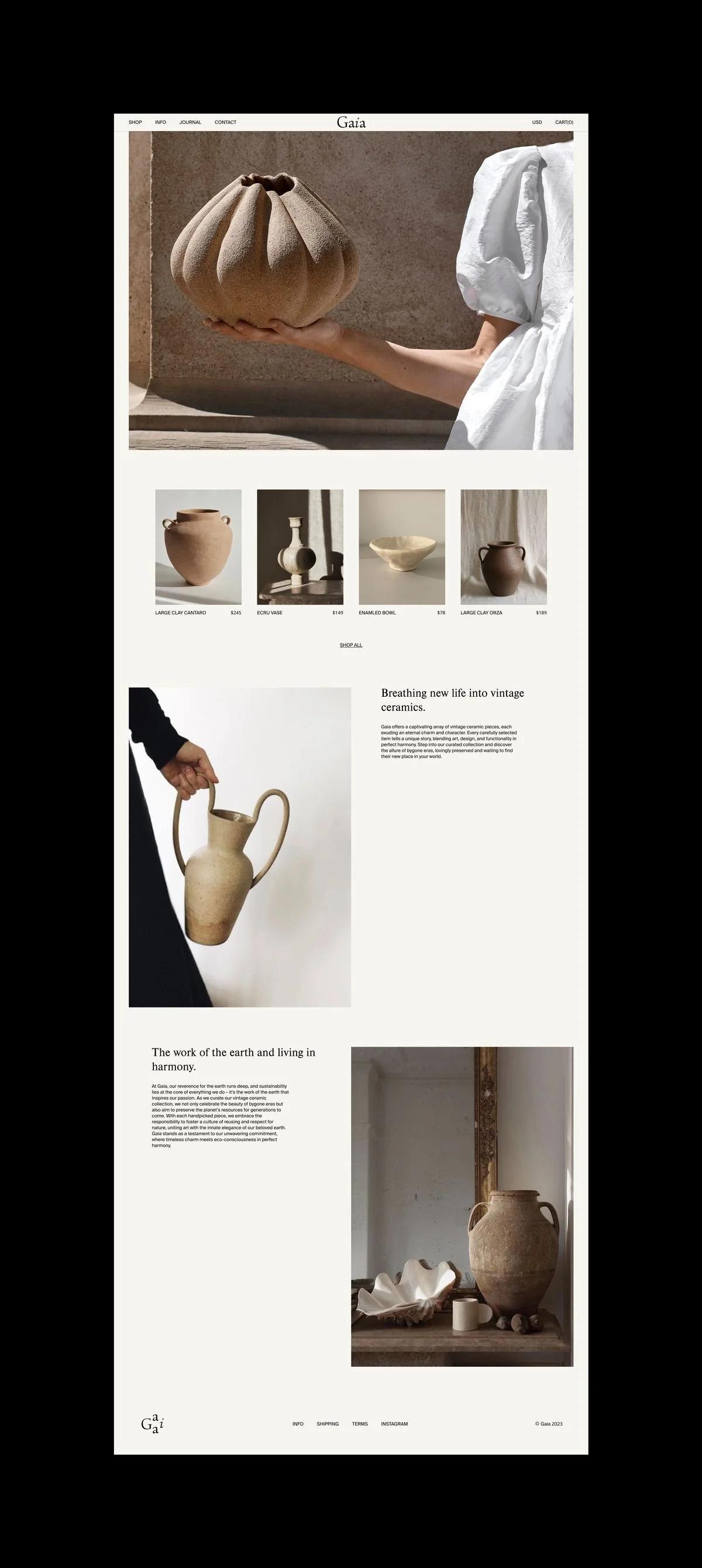 Webpage showcasing vintage ceramics, including vases, bowls, and pottery, with images of ceramic pieces and textual descriptions emphasizing the craftsmanship and natural aesthetic of the ceramics.