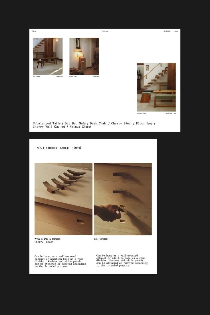 Catalog page displaying furniture, including a bench, floor lamp, console shelf, cherry wall cabinet, walnut closet, and a cherry table with a unique curved slat design.