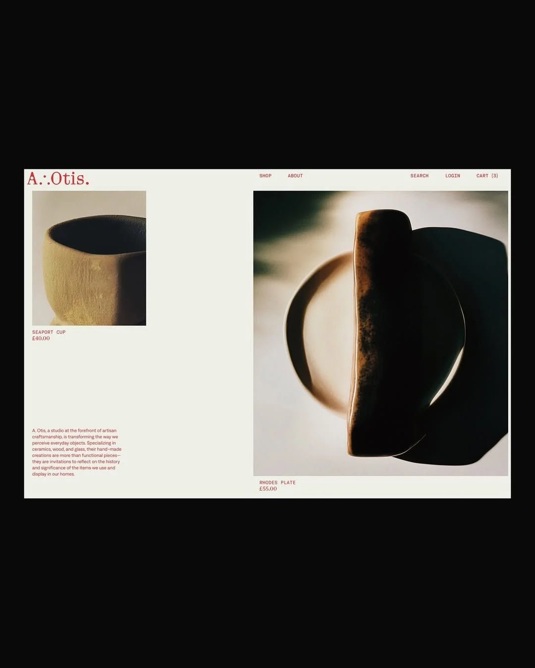 A website displaying ceramic art pieces, including a seaport cup and Rhodes plate, with a description of Otis ceramics.