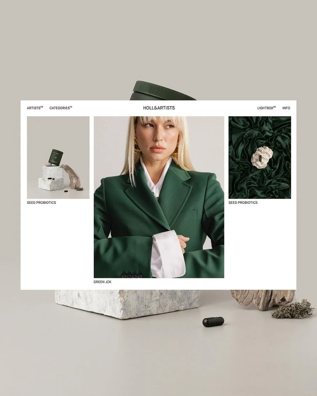 A website layout with a woman in a green blazer in the center, surrounded by images of seed probiotics and natural elements, with a minimalist background.