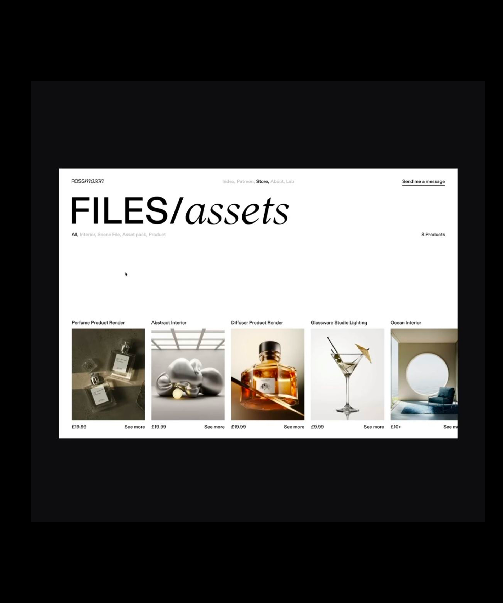 Screenshot of a webpage titled FILES/assets displaying eight product images, including perfume bottles, interior scenes, and lighting fixtures, each with a price below.