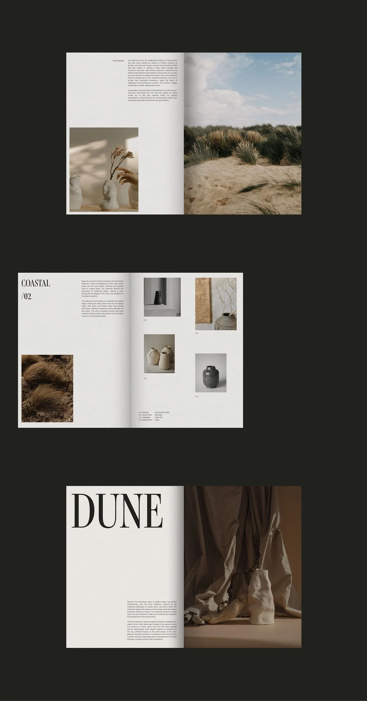 Images of open magazine pages featuring beach scenes, pottery, and text about coastal themes and art.