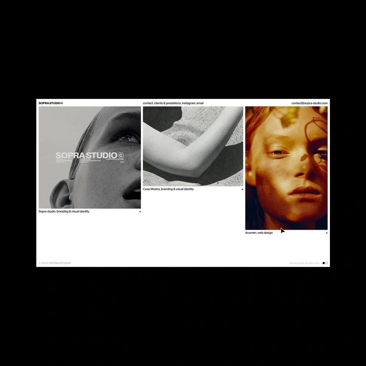 Design layout with three sections: a black and white close-up of a woman's face with freckles on the left, a black and white photo of an arm and a shadow in the middle, and a close-up of a person's face with a shadow pattern on the right. Text mentio