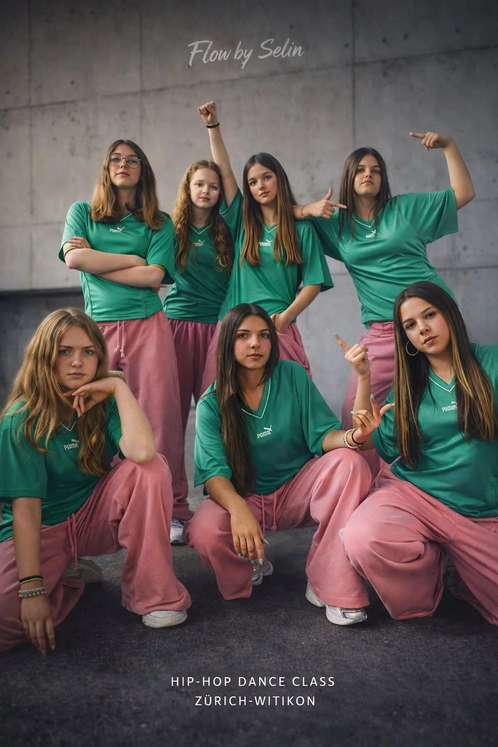 Gruppenschar von jungen Frauen in sportlicher Kleidung posieren vor einer grauen Betonwand, einige stehen und einige sitzen, mit verschiedenen Posen und Blickrichtungen. Text auf dem Bild: "Flow by Selin" und "HIP-HOP DANCE CLASS ZÜRICH-WITIKON".