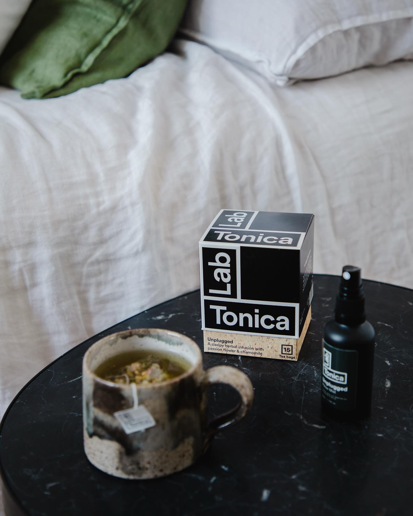 Unplugged. The perfect bedfellow 🖤
Anyone else suffering with disturbed sleep at the moment? 
Our sedative Unplugged herbal tea and aromatherory products feature a dreamy blend of sedative herbs, formulated to switch off the brain, calm the heart an