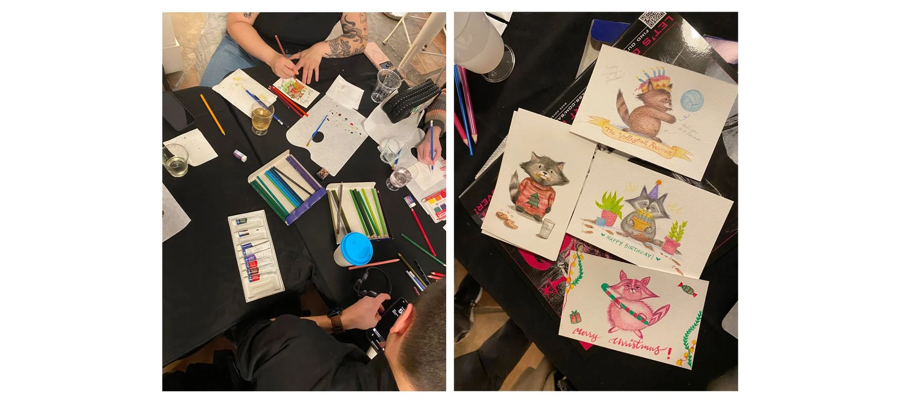 Watercolour & Colour Pencil Workshop
Royal Academy of Illustration and Design (RAID) Gallery & Café, November 2025 - A step-by-step guided workshop for 16 attendees in the creation of a raccoon holiday themed postcard using watercolour and colour pen