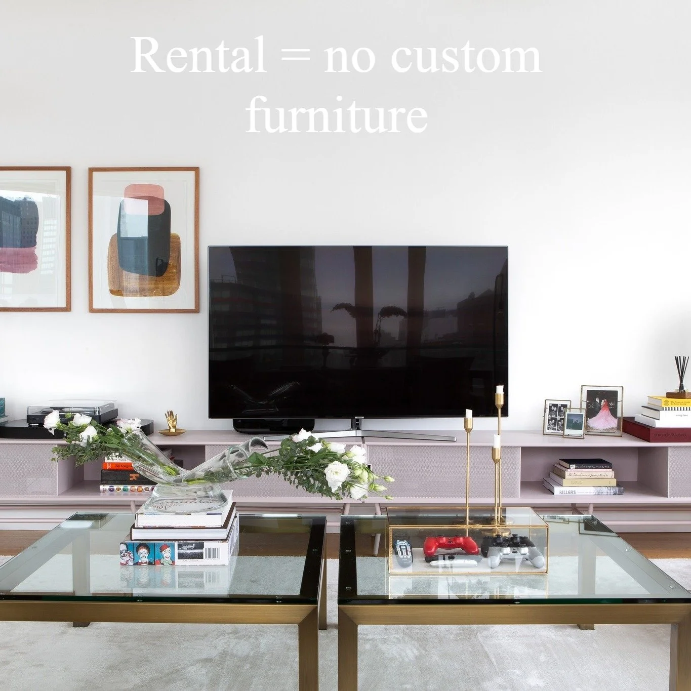 This was a rental, so custom furniture was off the table. Our workaround: double up on key pieces to hit the scale the room actually needed. Undersized furniture doesn't just look small &mdash; it fragments a space and makes it feel smaller than it i