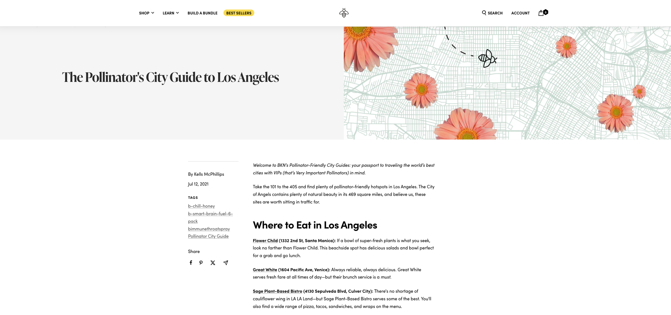 Digital webpage titled 'The Pollinator's City Guide to Los Angeles' with a background map, pink flowers, and a bee drawing, featuring navigation links, search, account, and shopping cart icons.