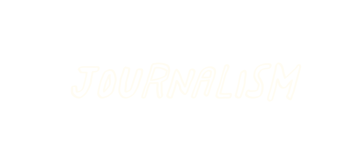 The word 'JOURNALISM' written in white, stylized, handwritten font against a black background.