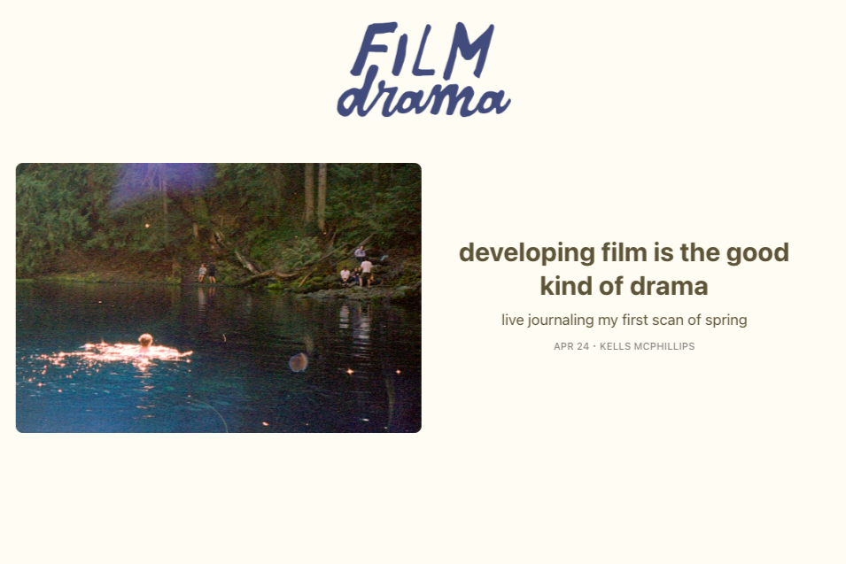 A person swimming in a river with green trees and people on the riverbank, accompanied by text about film drama and live journaling of a spring scan.